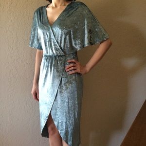 Shein blue gray faux wrap dress crushed velvet S